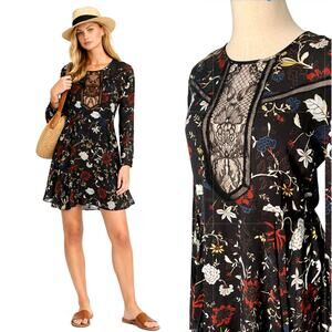 ALC 4 Cynthia $695 Dark Floral SILK Lace Long Sleeve Goth Witchy Fit Flare Dress